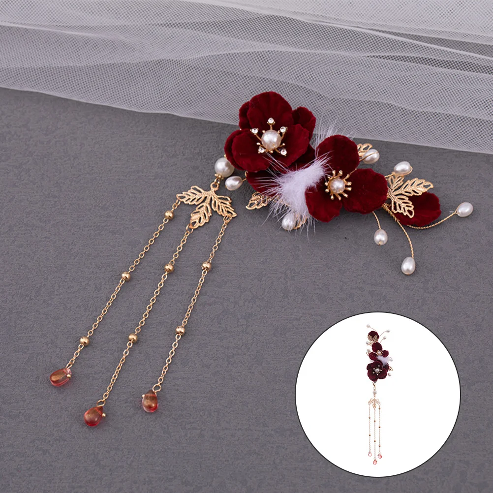 Grampo de cabelo flor vermelha profunda pendurado borla artesanato requintado embelezar cabelo gracioso temperamento doce acessórios chineses