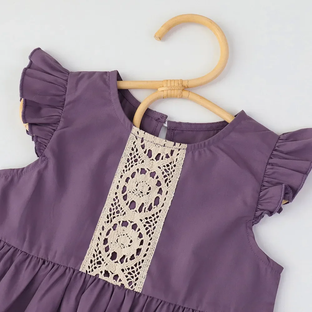 Bear Leader Purple Flying Sleeves Patchwork Lace Girls Dresses Solid Color Summer 3-7 Years Casual Kids Clothes