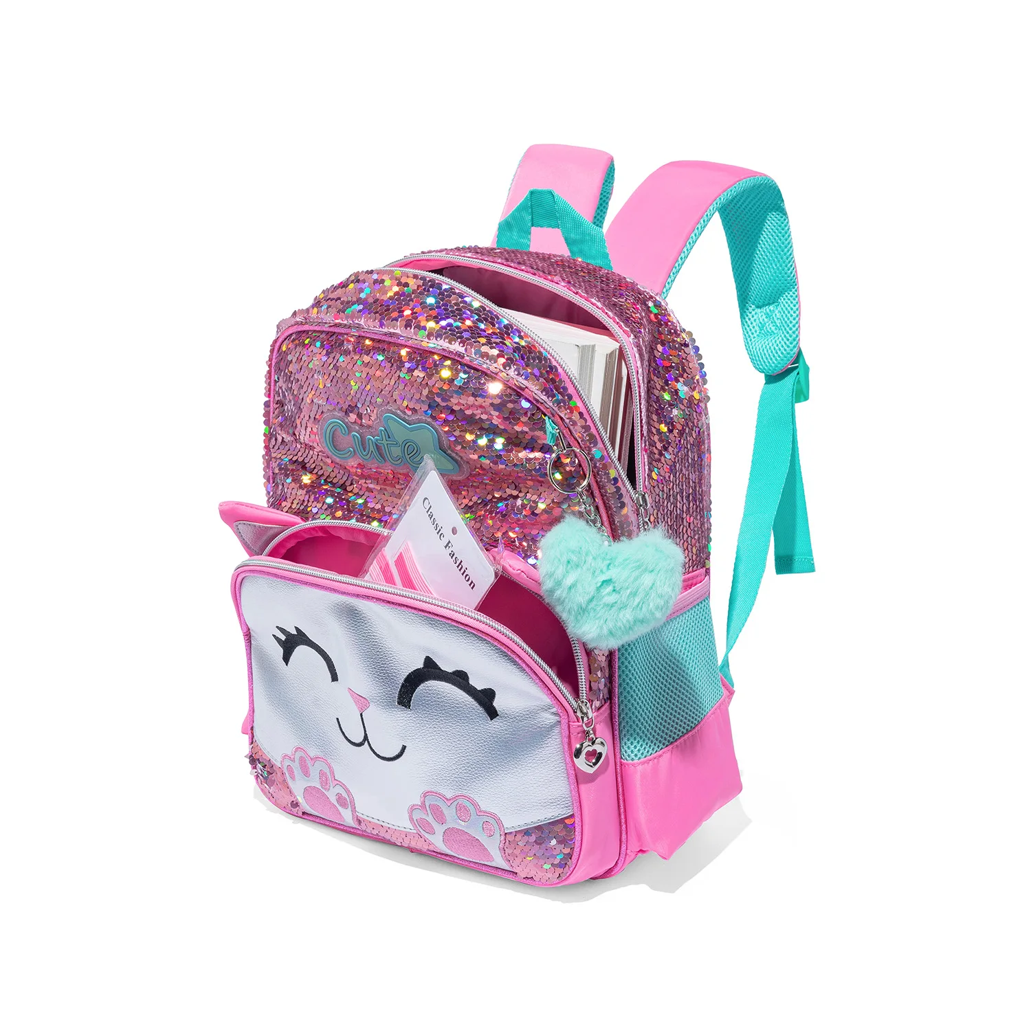 3PCS Cute Cat Backpack for Girls PU Leather Bookbag for Elementary School with Lunch Bag And PenBag