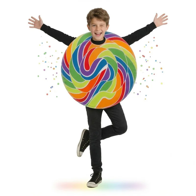 

Rainbow Candy Cosplay Costume Lollipop Cos Funny Top Black Jumpsuit Candy-Themed Role-Playing Outfits for Girls Boys