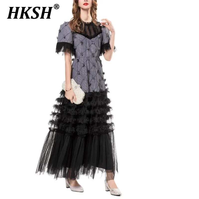 

HKSH Summer New Women Chic Sweet Style Elegant Plaid Three-dimensional Flower Waist Patchwork Large Swing Ins Long Dress HK5397