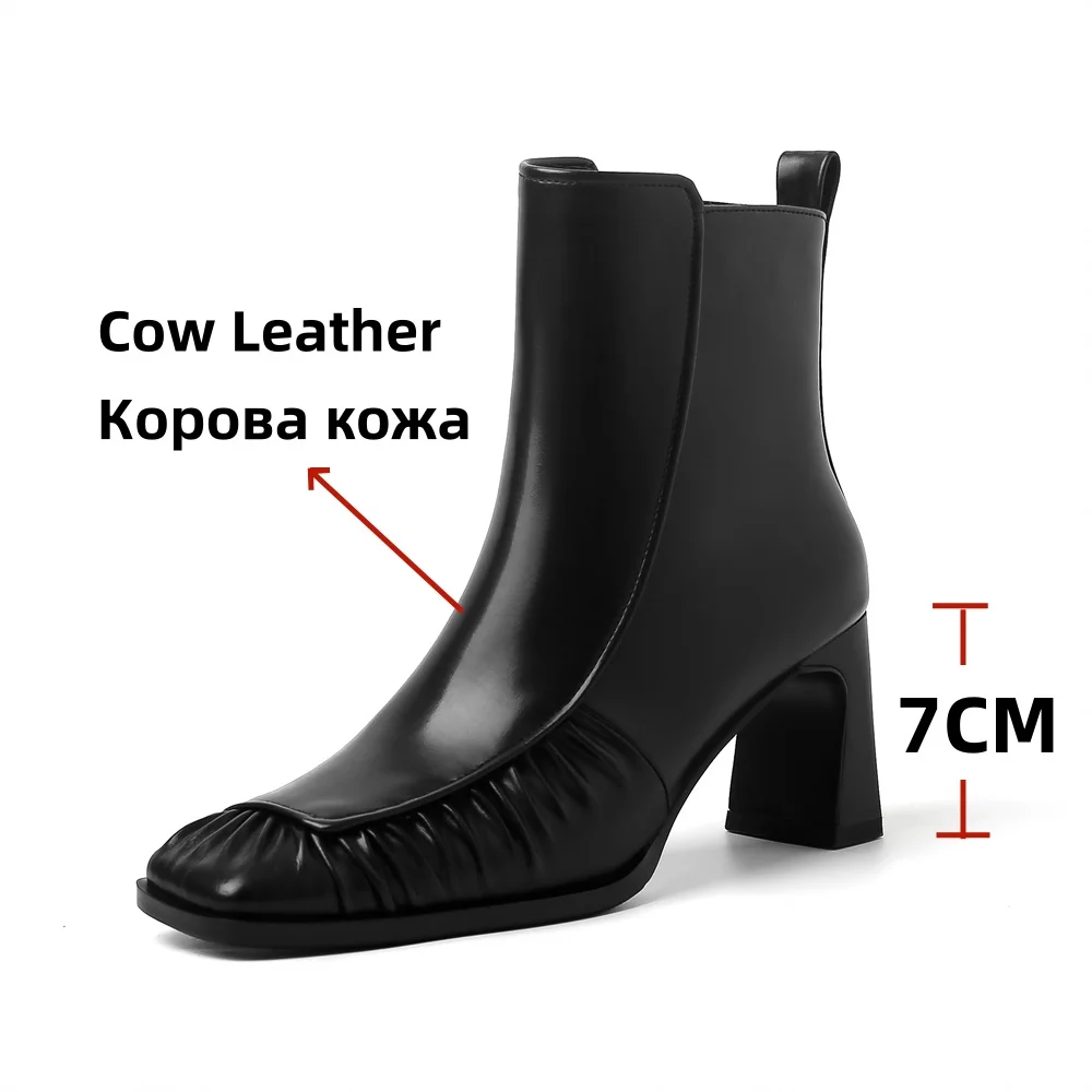 FEDONAS Ankle Boots For Women Genuine Leather Keep Warm High Heels Round Toe Anti-slip Boots Thick Water Proof Zipper Shoes