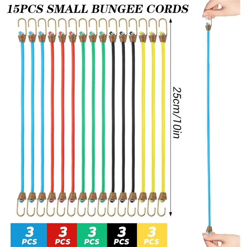 ABKU-لالتخييم في الهواء الطلق 15 قطعة حبال بنجي صغيرة مع خطافات، 10 بوصة حبال بنجي صغيرة مرنة قصيرة للدراجات أداة تعليق السيارة Rvs