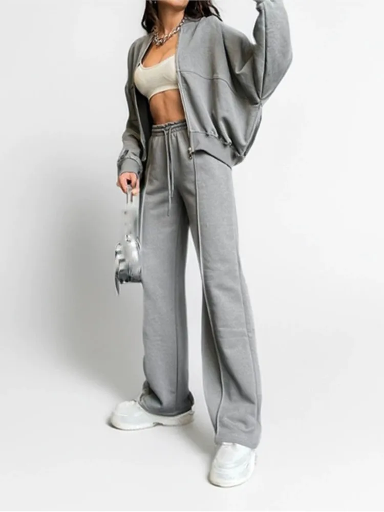 Conjunto deportivo de dos piezas con capucha informal para mujer, Tops de manga larga con cremallera y pantalones de pierna ancha de cintura alta, trajes para mujer para primavera y otoño