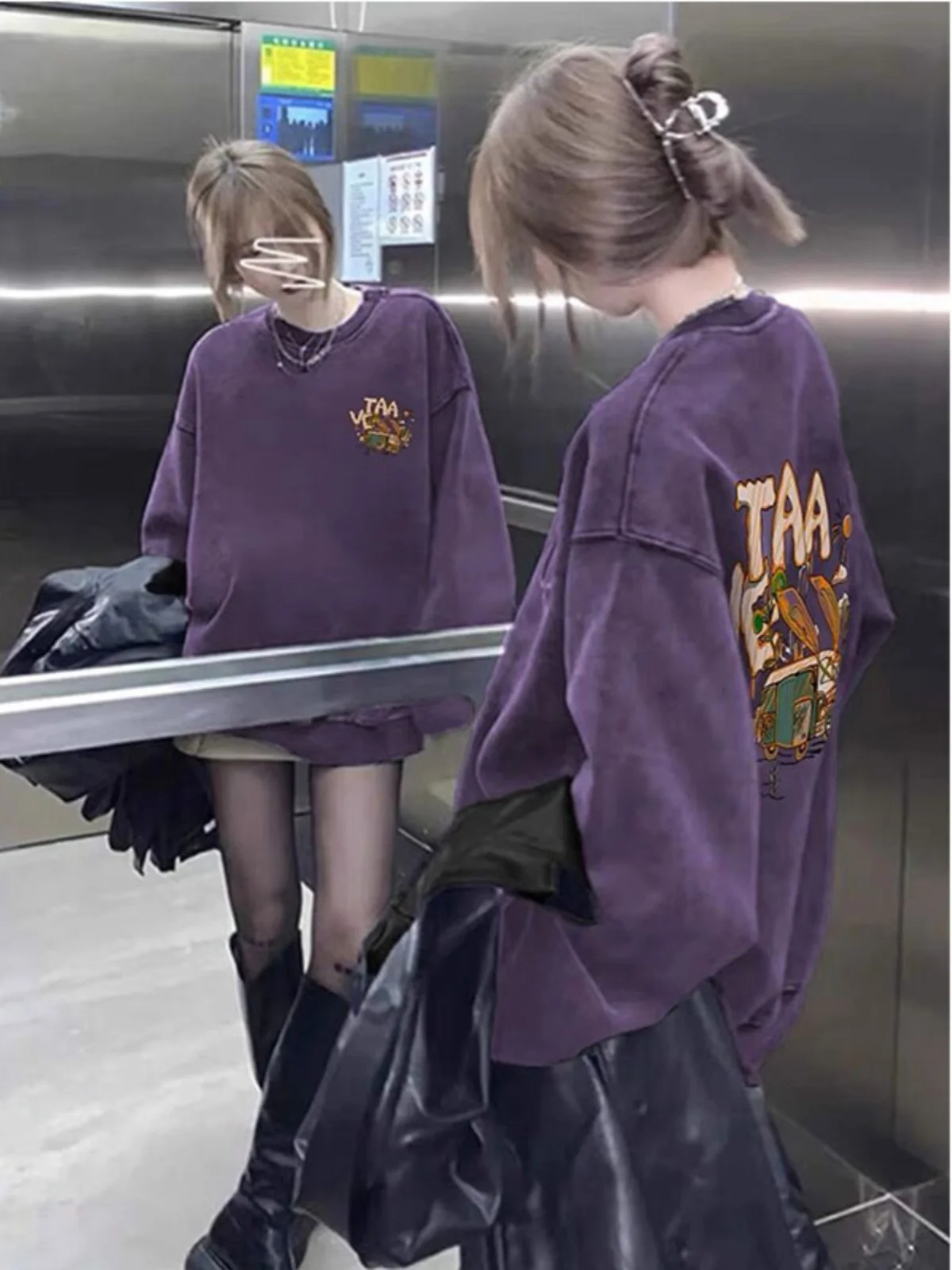 Retro American Fce Lined Hoodl Purple Sweatirt Women's Autumn Winter Thiened Oversize Outerwear Design Unique
