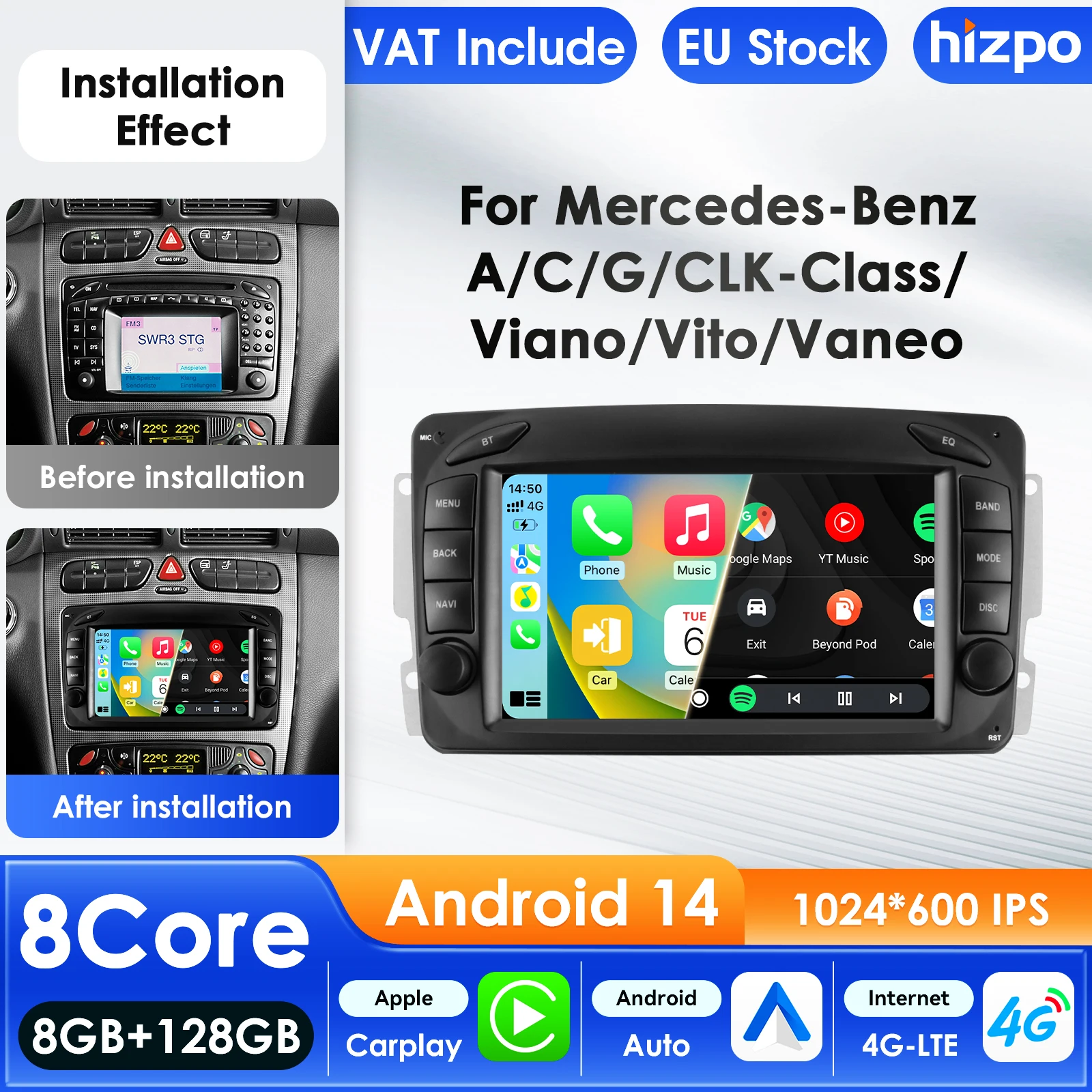 Hizpo Carplay 4GLTE AI Android Autoradio für Mercedes Benz W203 Vito W639 W168 Vaneo CLK W209 Multimedia-Videoplayer BT Autoradio 7 Zoll im Tesla-Stil Intelligenter Bildschirm QLED-Display Automotive