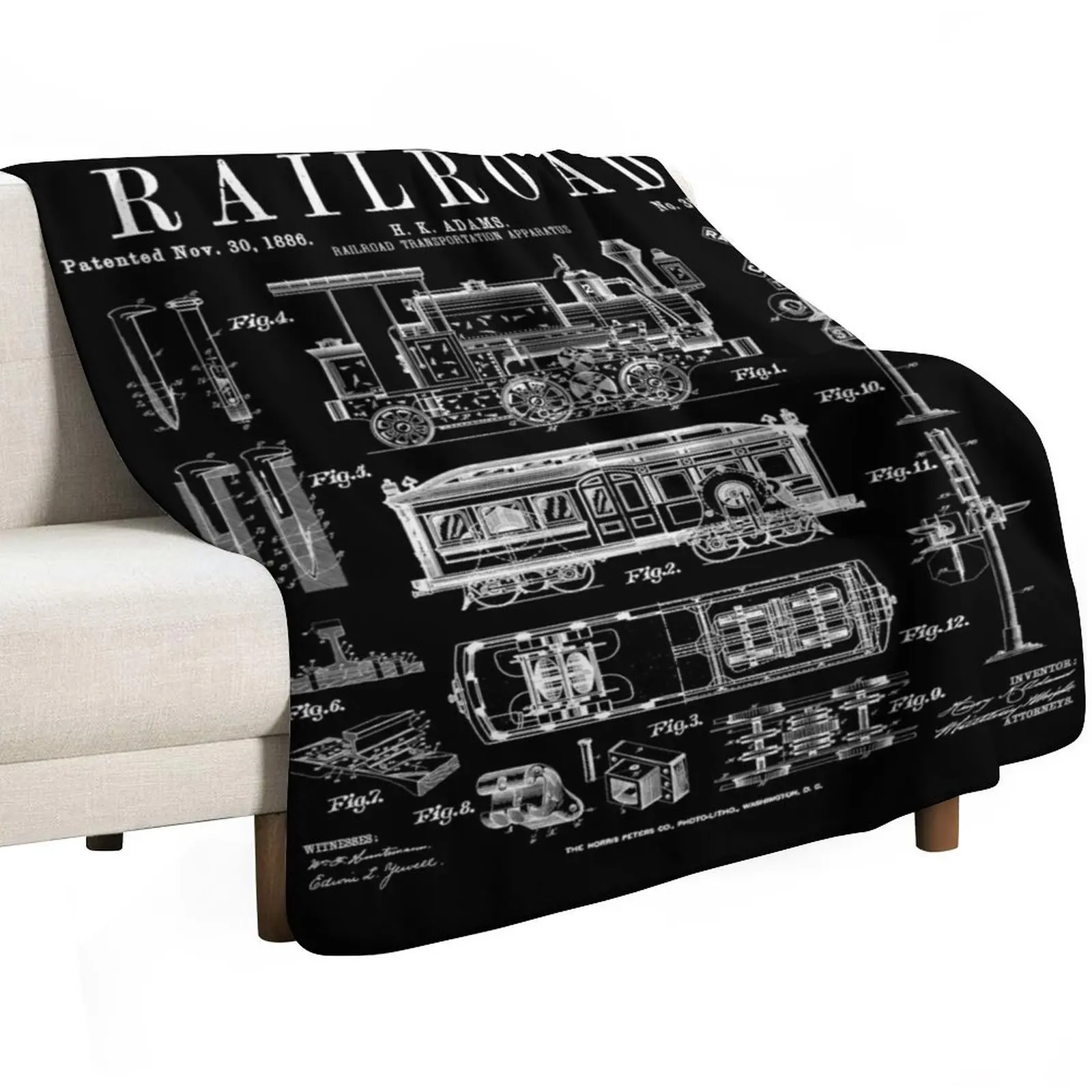 Railroad Railway Steam Locomotive Train Vintage Patent Print Throw Blanket Travel Kid'S Summer Blankets