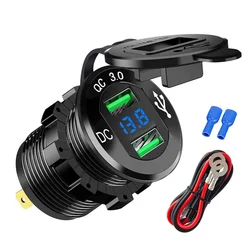 QC3.0 Dual USB Fast Charger Aluminum Socket Power Outlet Waterproof with LED Digital Voltmeter for Marine Boat Motorcycle Truck