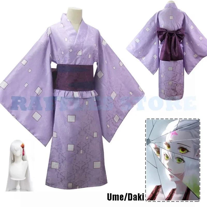 Daki Ume Cosplay Costume Wig Hairpins Shabana Ume Daki Young White Hair Anime Kimetsu No Yaiba Upper Rank Six