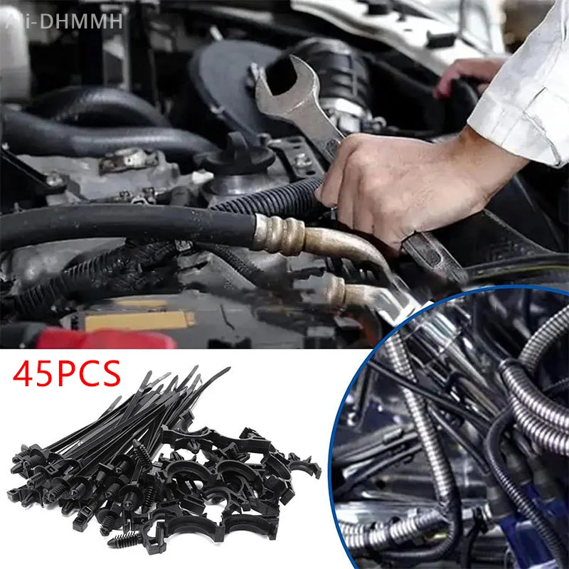 Self-Locking 45 Unit Pack of Car Cable Clips and Zip Ties; Universal Push Mount Wire Routing Clips Organizer.