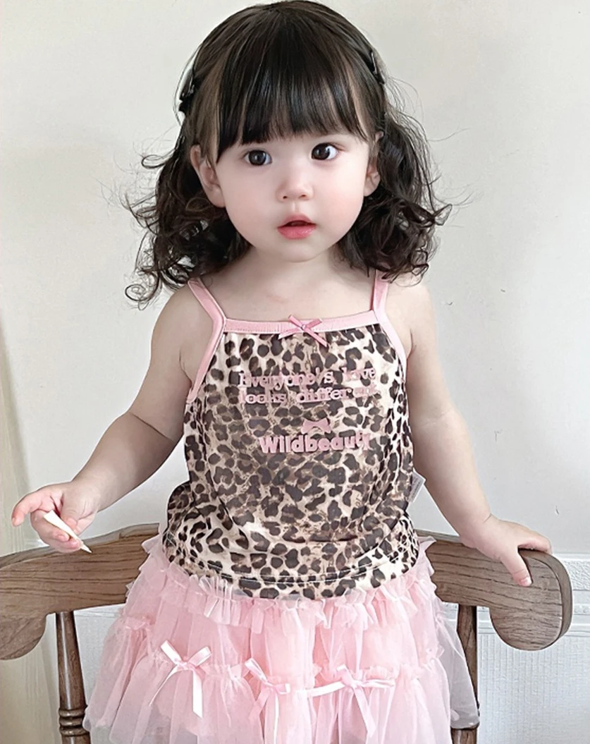 

2025 Summer New Thin Sweet Cool Leopard Pattern Strap Top Girl Baby Summer New Tank Top Cute Sweet Cool Top