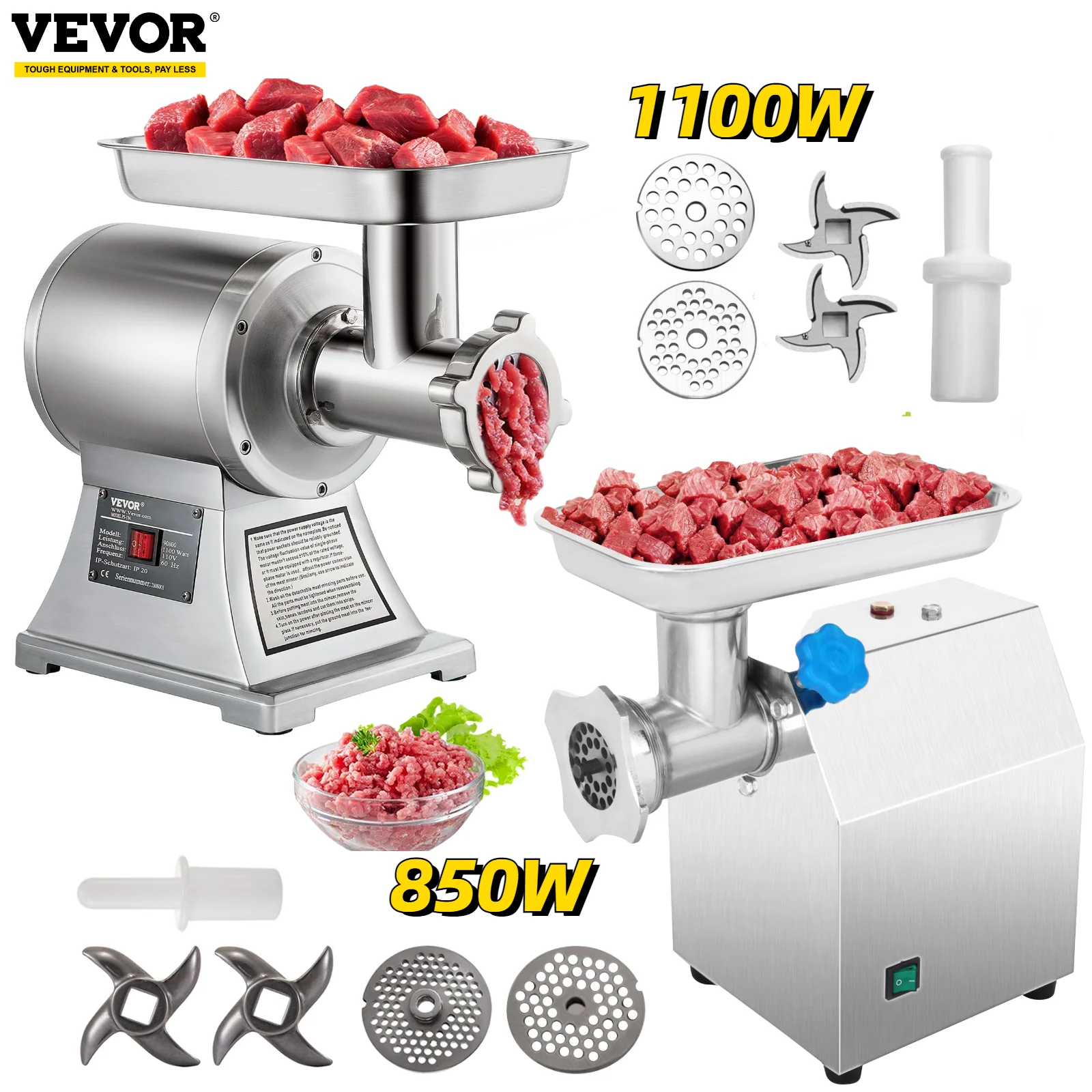 VEVOR 122 kg/h 250 kg/h Hachoir à Viande Électrique 850/1100 W Broyeur à Viande Commercial en Inox Jambon Appareils de Cuisine