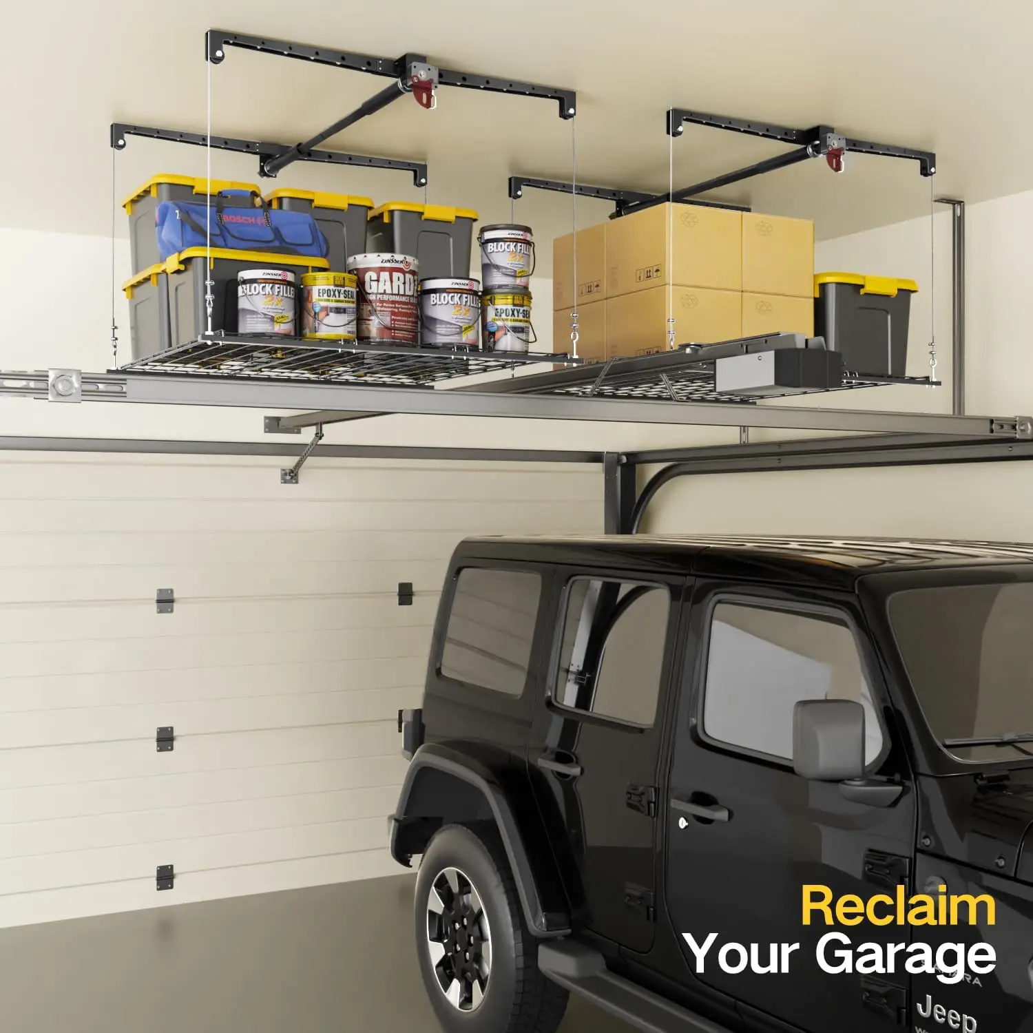 Overhead Garage Storage Rack, 4X4 Ft Garage Ceiling Storage Lift, Heavy-Duty Ceiling Mounted Garage Storage Lift System For