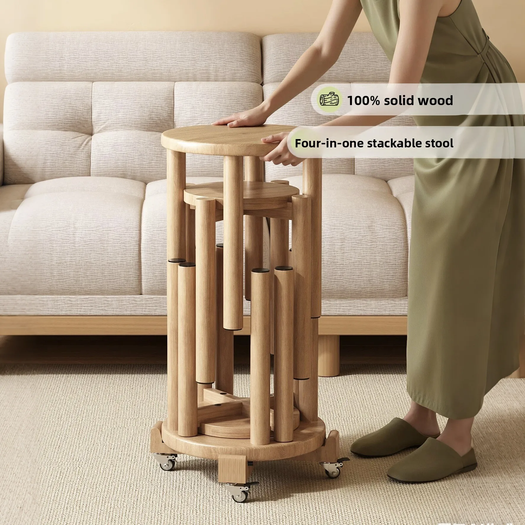 4 sets of solid wood round stools, stacked stools, dining chairs, living room chairs, dining chairs, living room chairs