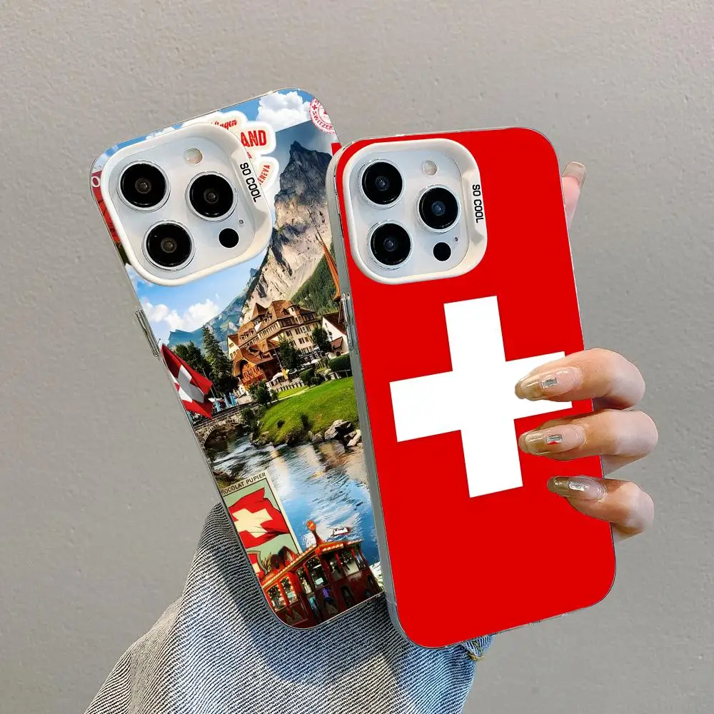 سويسرا العلم قضية الهاتف المحمول آيفون 17 16 15 14 13 12 11 X XR XS 8 7 برو ماكس زائد غطاء أبيض شفاف غطاء فاخر