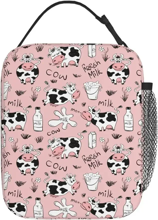 Pink Funny Cows And Milk Lunch Box Insulated  Bags Zipper Cooler Tote Bag For Teens Girls Boys Men Women Office Picnic