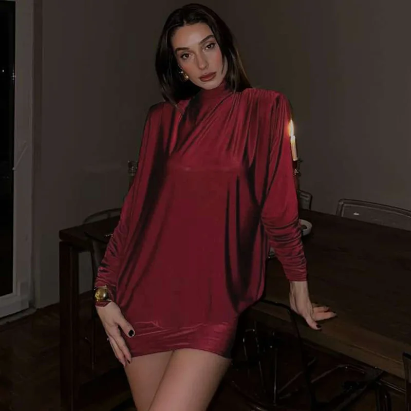 Sukienka mini bez pleców, obcisła, damska, modna, seksowna, z golfem, długi rękaw, marszczona, w stylu hipster, na urodziny, imprezę, do klubu nocnego, streetwear