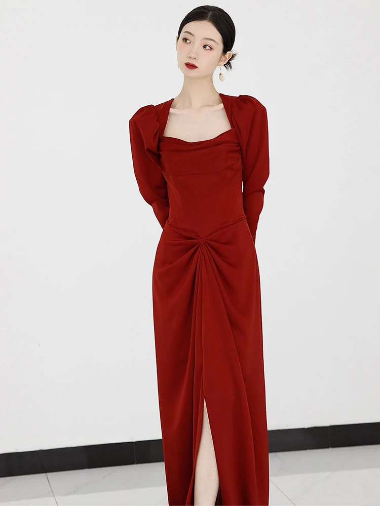 

Elegant Red Wine Color Long Sleeve Wedding Dress Winter Banquet Ceremony Return Home Casual Evening Gown Luxury Sensation