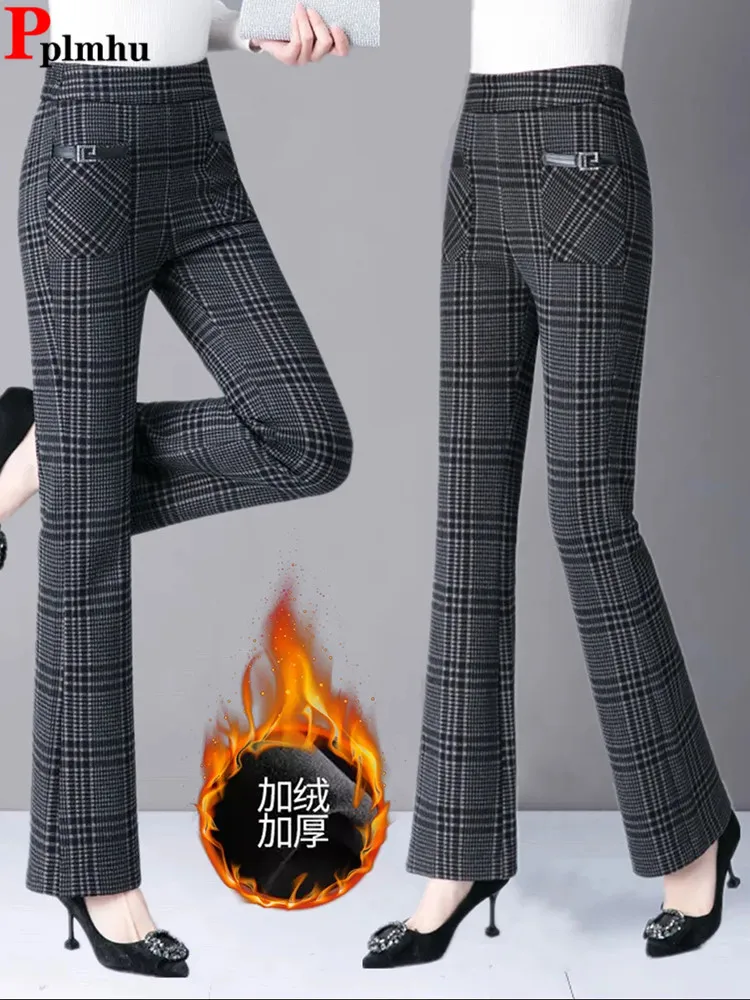 Formal Plush Velvet Lined Plaid Flare Pants Elegant Winter Warm Casual Thicken High Waist Pantalone Office Mom Snow Wear Spodnie