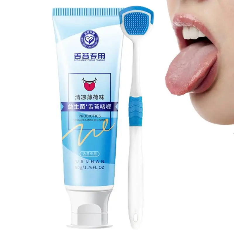 Tongue Cleaners With Brush Scraper Fight Bad Breath Mild Formula Cleaning Gel Remove Oral Odor Tongue Care