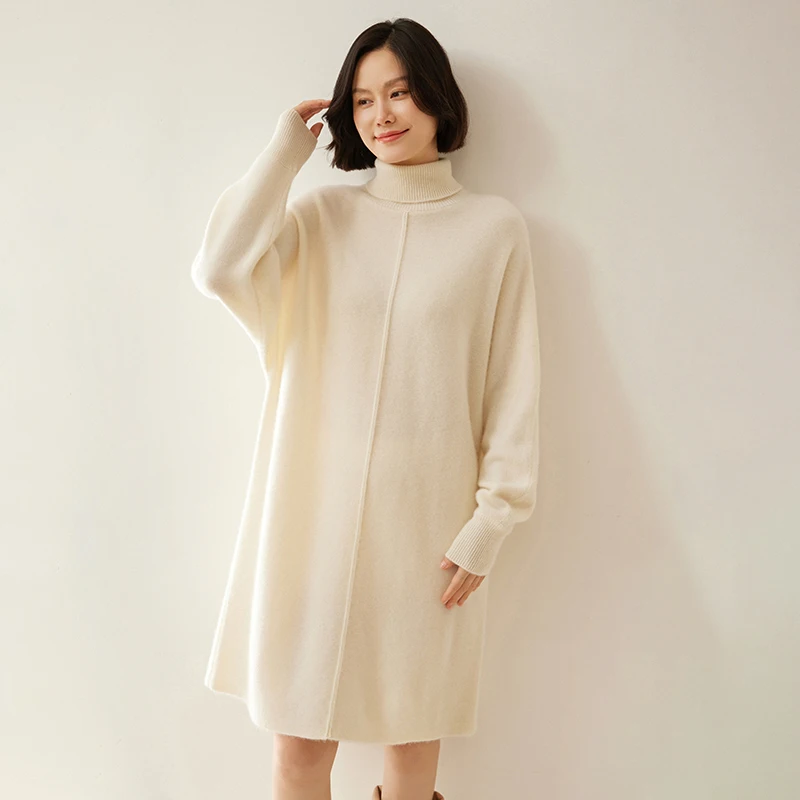 High-quality Autumn Women\'s 100% Cashmere Sweater High Collar Pullover Winter Lady Thicken Dresses Female Large Size Knit Dress