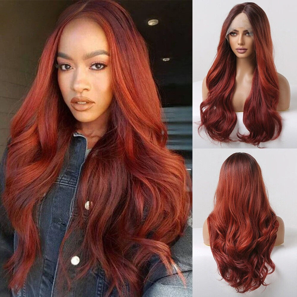 

Medium gradient red big waves long curly hair small T imported lace wig woman