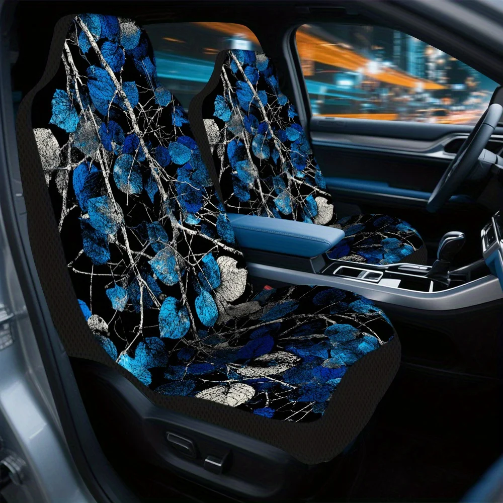 2pcs Blue Leaves On Dark Background Car Seat Covers For Front Seats, Fit For Cars, Trucks, SUVs, Sedans, Offering Maximum Prote