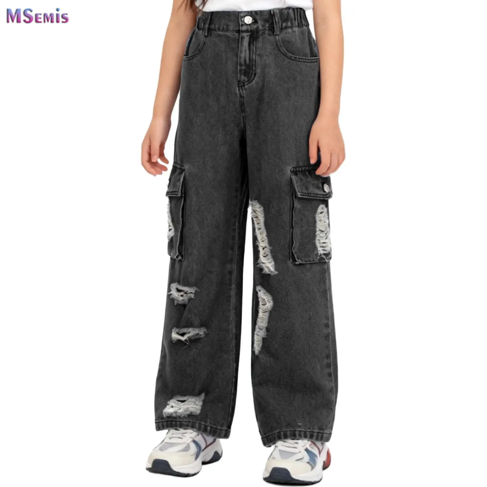 

Girls Cargo Demin Pants Kids Casual Wide-legged Ripped Jeans Teenagers Fashion Streetwear Baggy Trousers Children Clothes