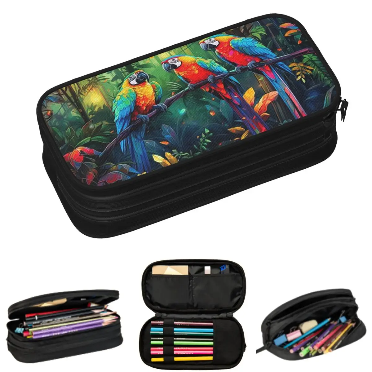 Vibrant Parrot And Forest Tropical Foliage Pencil Cases for Students School Pen Box Pencil Bag Big Capacity Pencil Pouch