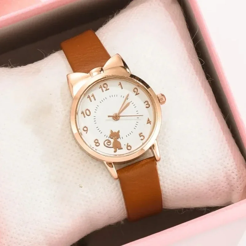 Watches for Women Kids Leather Strap Quartz Watch Children Set Bracelet Student Clock Kids  Watches Cute Cat Gold Dial Clock