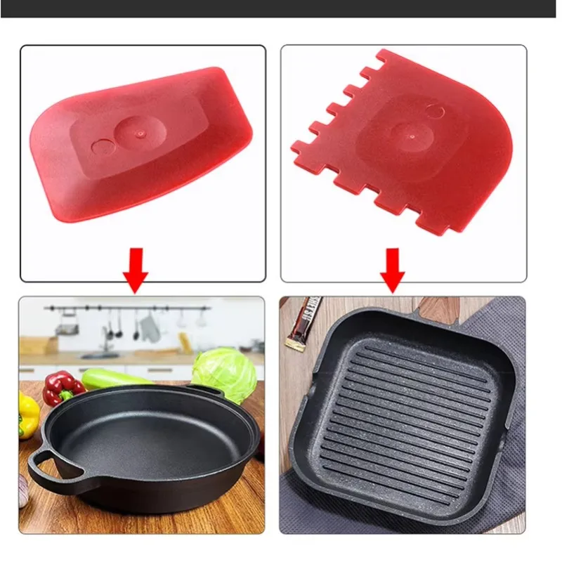 2sets Random Color Portable Multi-purpose Frying Pan Stripe Skillet Grease Cleaning Scrapers Serrated Kitchen Cleaning Oil Scrap