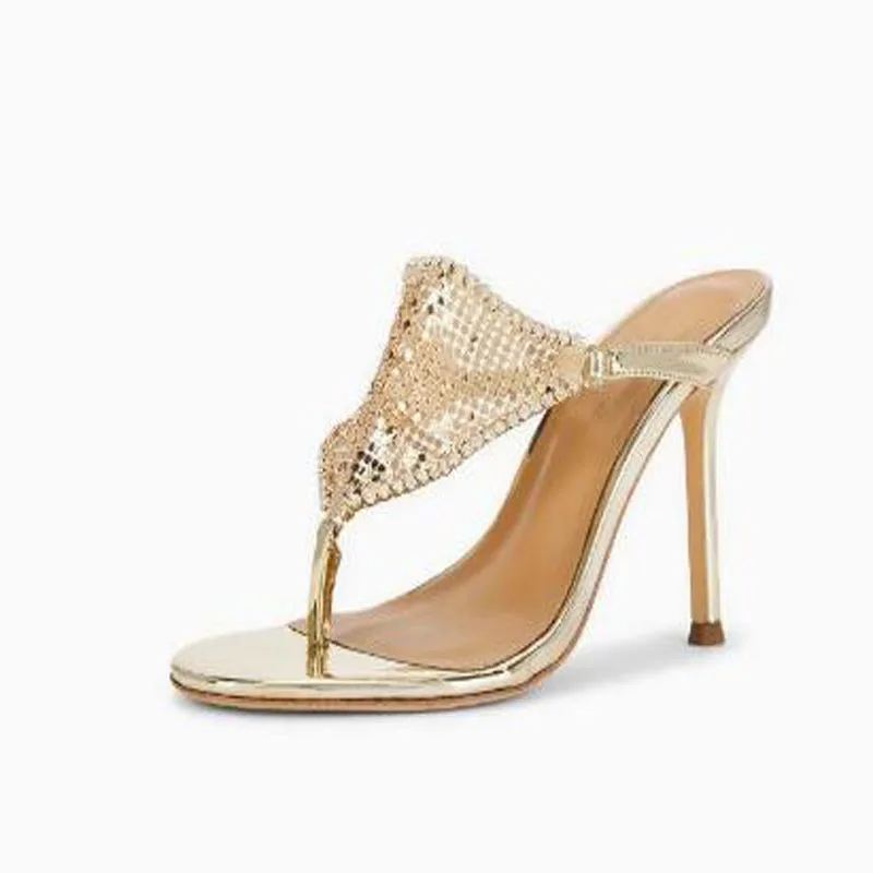 Bling Gold Sliver Crystal Mesh Thong Clip Toe Heeled Mules Round Open Toe Stiletto High Heel Backless Slide Slippers Women