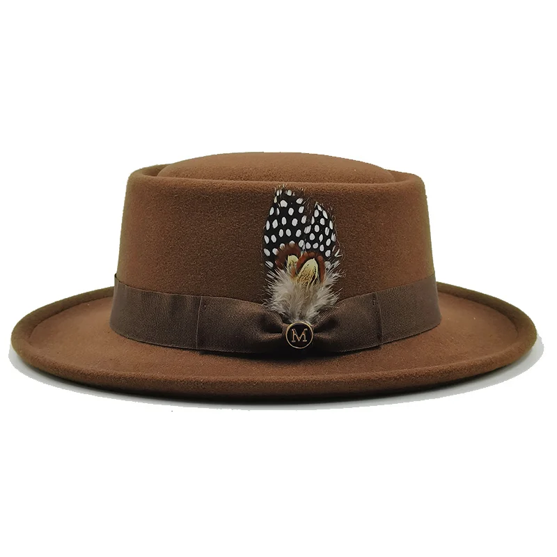 Vintage Pork Pie Hat Men feather fedora hat Webbing Decorative flip-brim Felt hats Panama Gentlemen women Church Jazz Hat