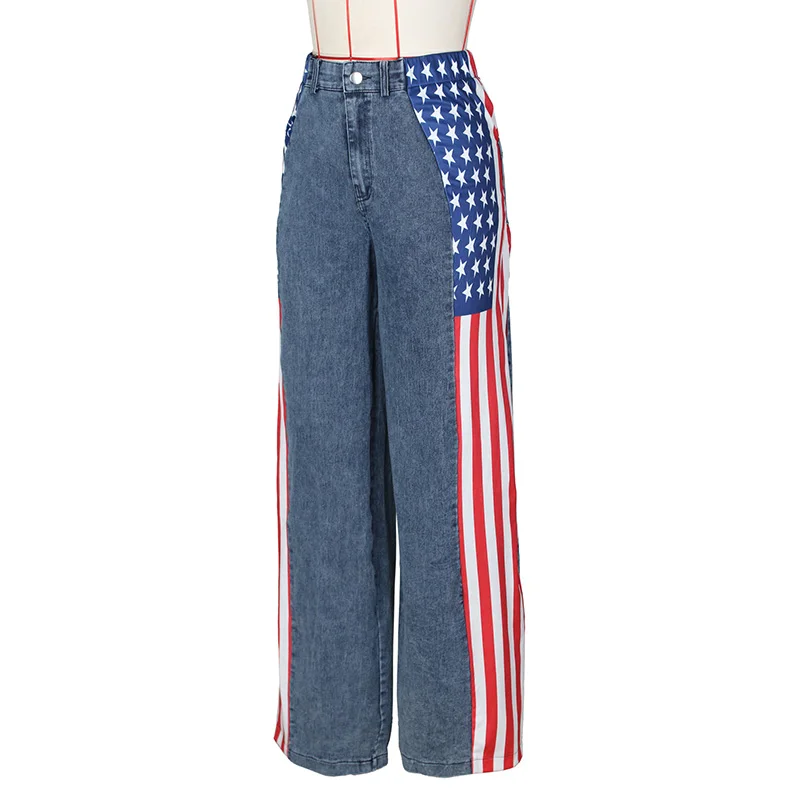 Stigende Sideseam Striped Wide Leg Jeans Women Star Spangled Stretch Denim Pants Patchwork Colorblock Straight Trouser