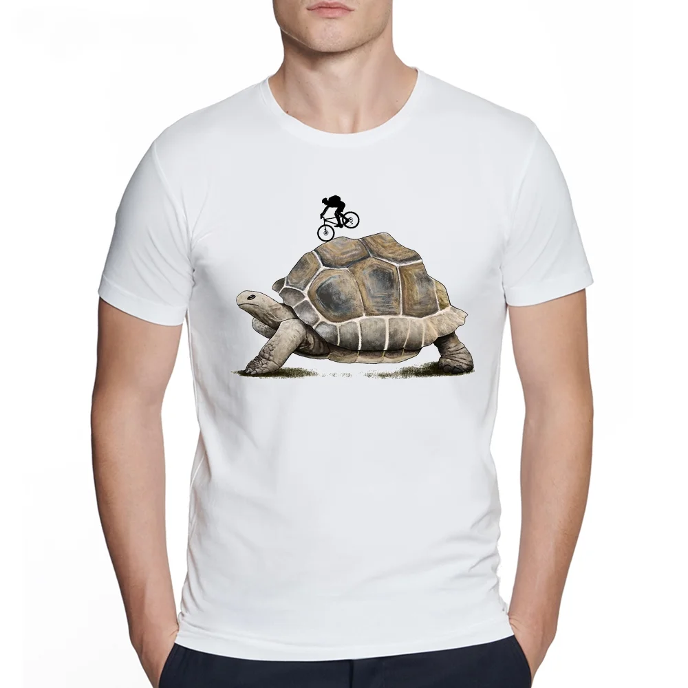 Men's Creative Bikepacking with Aldabra giant tortoise Print Short Sleeve T-Shirt Hipster O-neck Design Tops Cool Desgin Tee