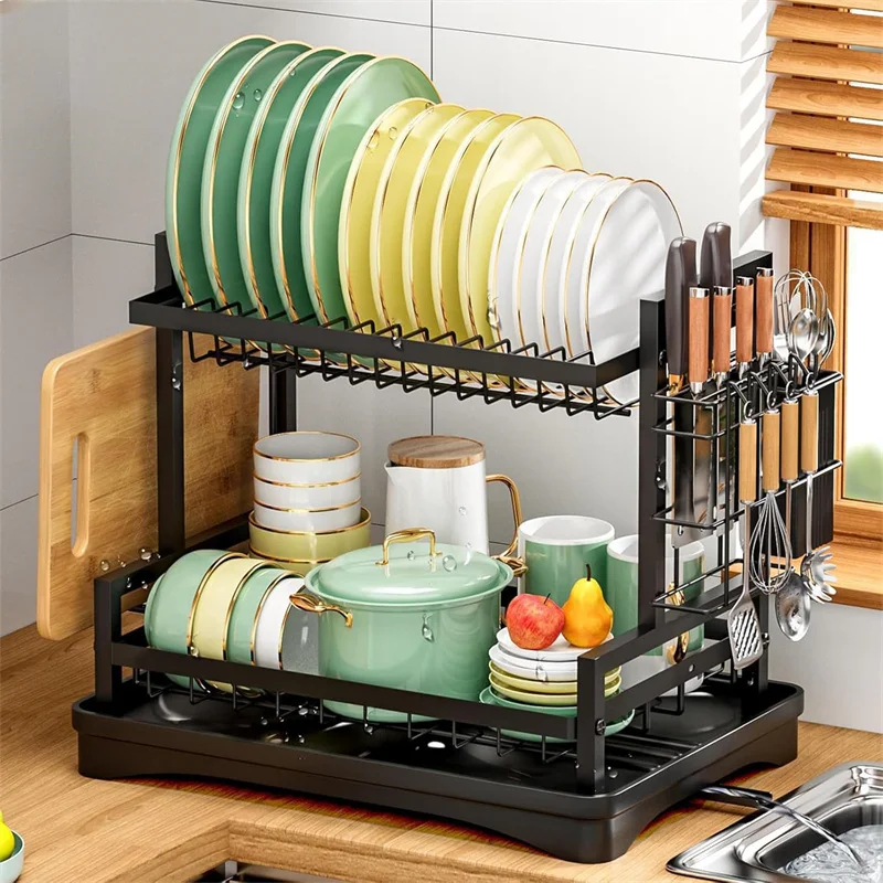 Large Capacity Rustproof Dish Drying Rack with Utensil Holder