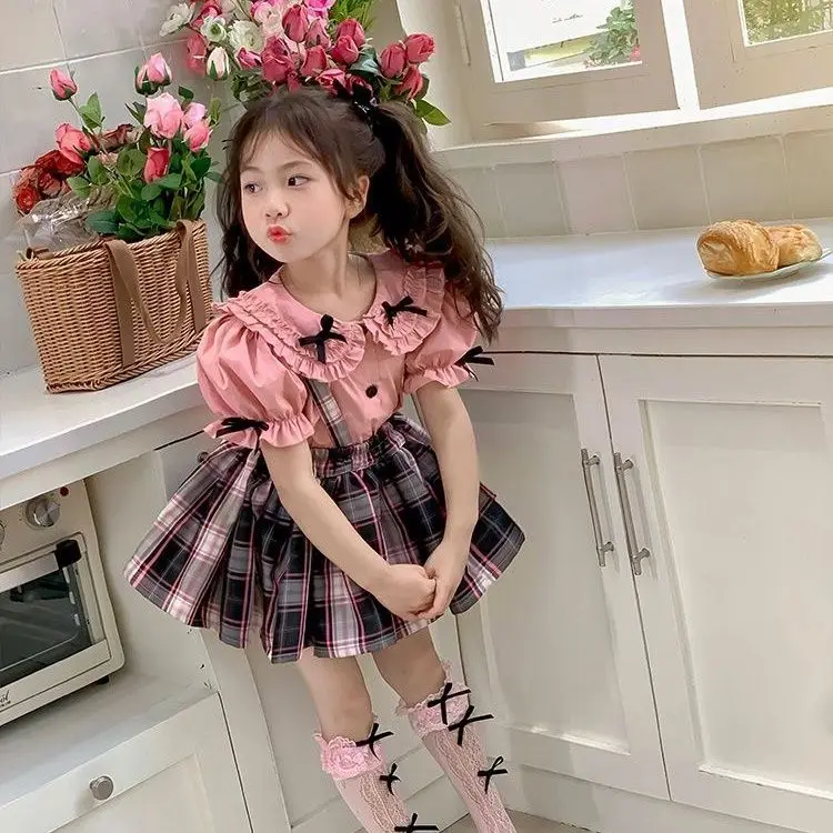 Children\'s Clothing Baby JK Skirt Cute Pure Cotton Rabbit Ear Shirt Girls Checkered Strap Pants Academy