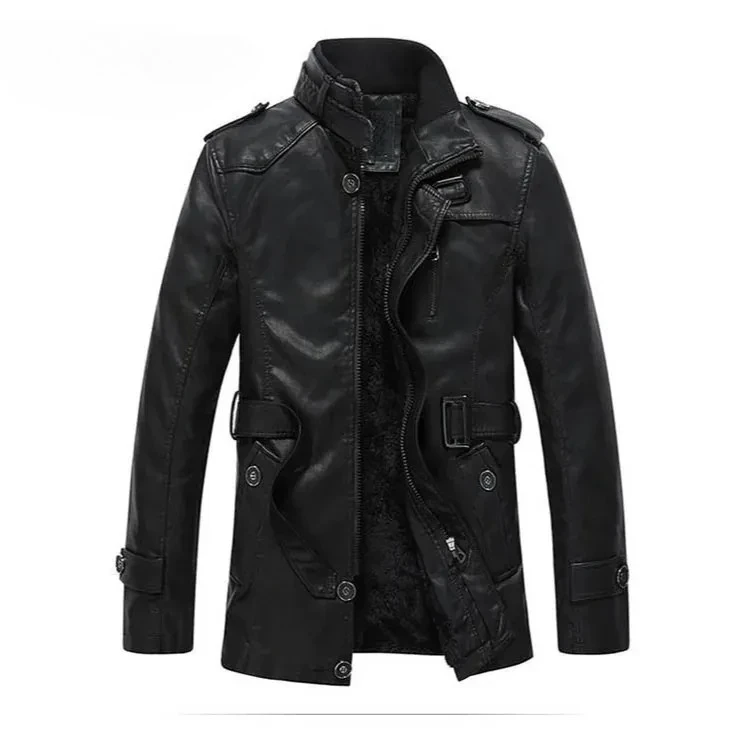 

Мужская куртка из искусственной кожи с воротником-стойкой средней длины, утолщенная мотоциклетная одежда с флисом, повседневная верхняя одежда, пальто