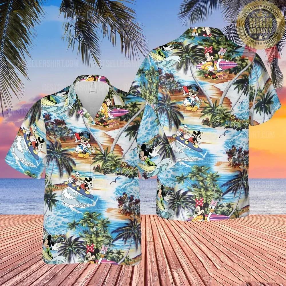 Disney Shirts Voor Mannen En Vrouwen Mickey Mouse Disney Surfen Donald Eend Wit Frangipani Bloemen Disney Hawaiian Shirt