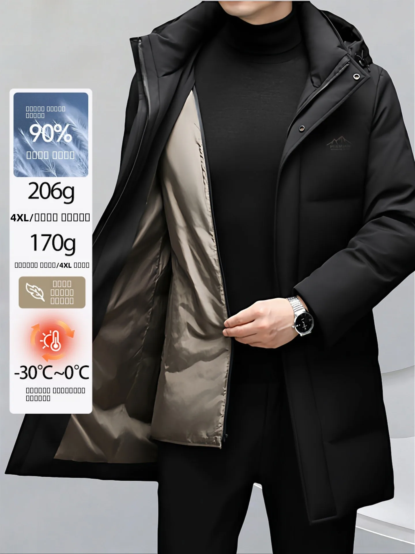 

Мужская зимняя теплая куртка Pierre Cardin средней длины с наполнителем из пуха, до колен, деловой стиль, полиэстер, нейлон