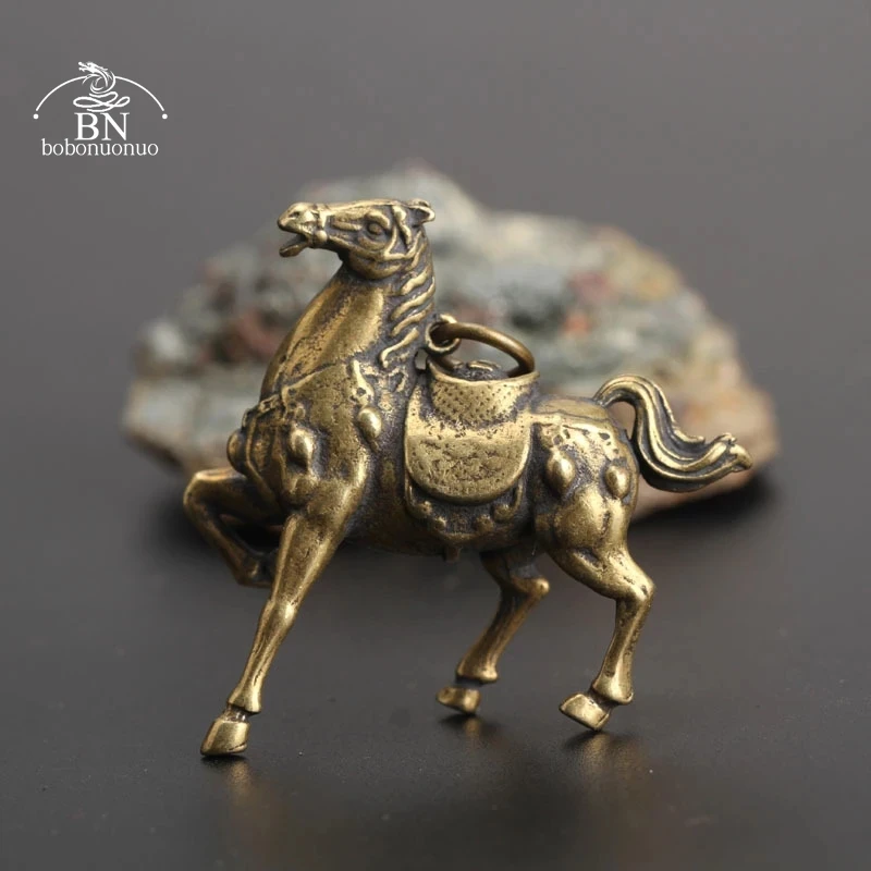 Antique Pure Copper Running War Horse Miniatures Figurines Tea Pet Table Ornament Decorations Metal Brass Steed Keyring Pendants