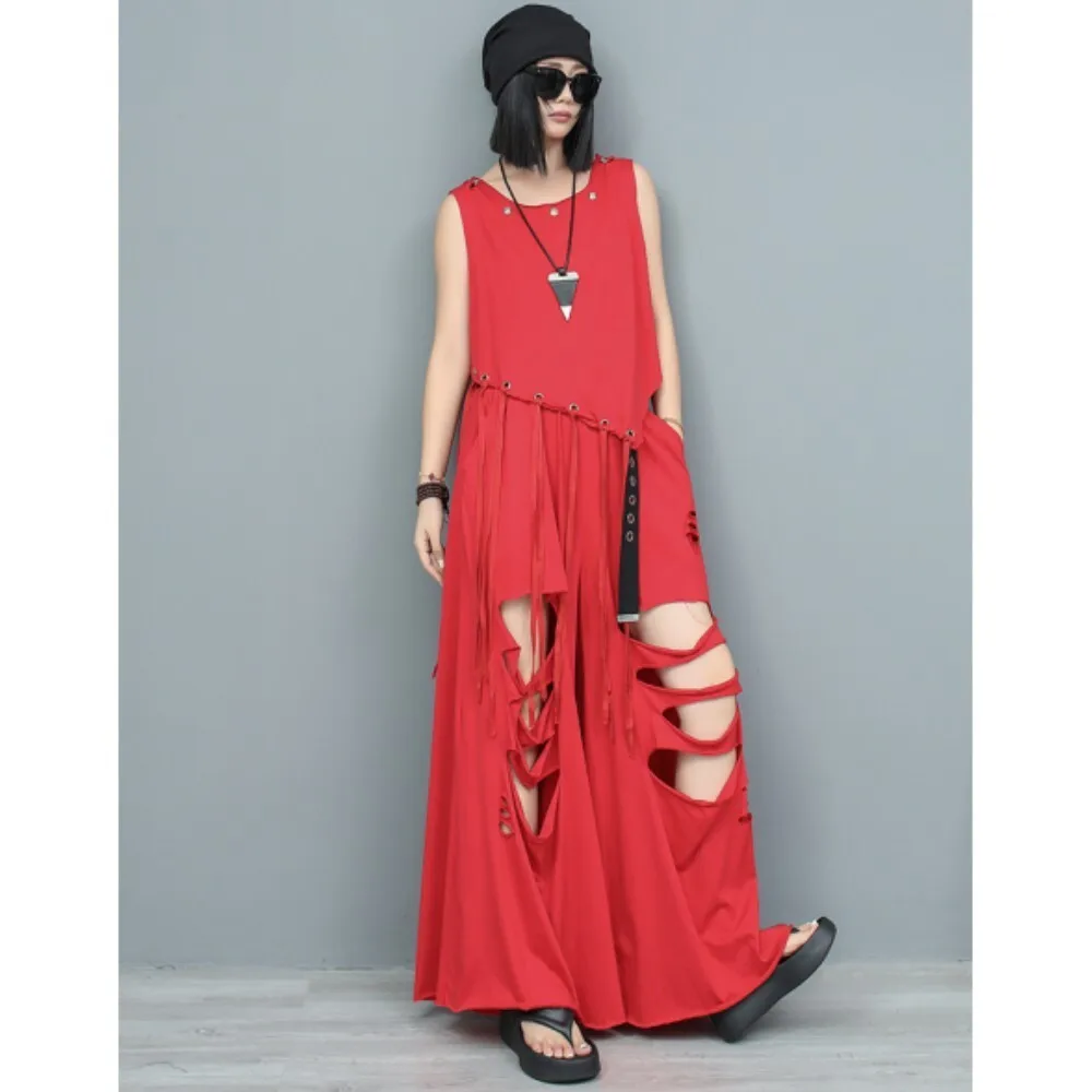 

Personalized Design Irregular Tassel Sleeveless Top + Holes Wide Leg Pants Two-piece Set Women 2024 Summer Red Pant Set ZF061