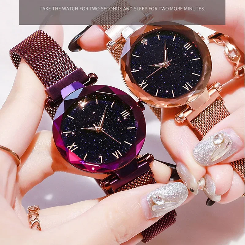 Relojes de lujo con cielo estrellado para Mujer, Reloj con correa de malla magnética, Reloj de pulsera a la moda para Mujer, Reloj Zegarek Damski para Mujer