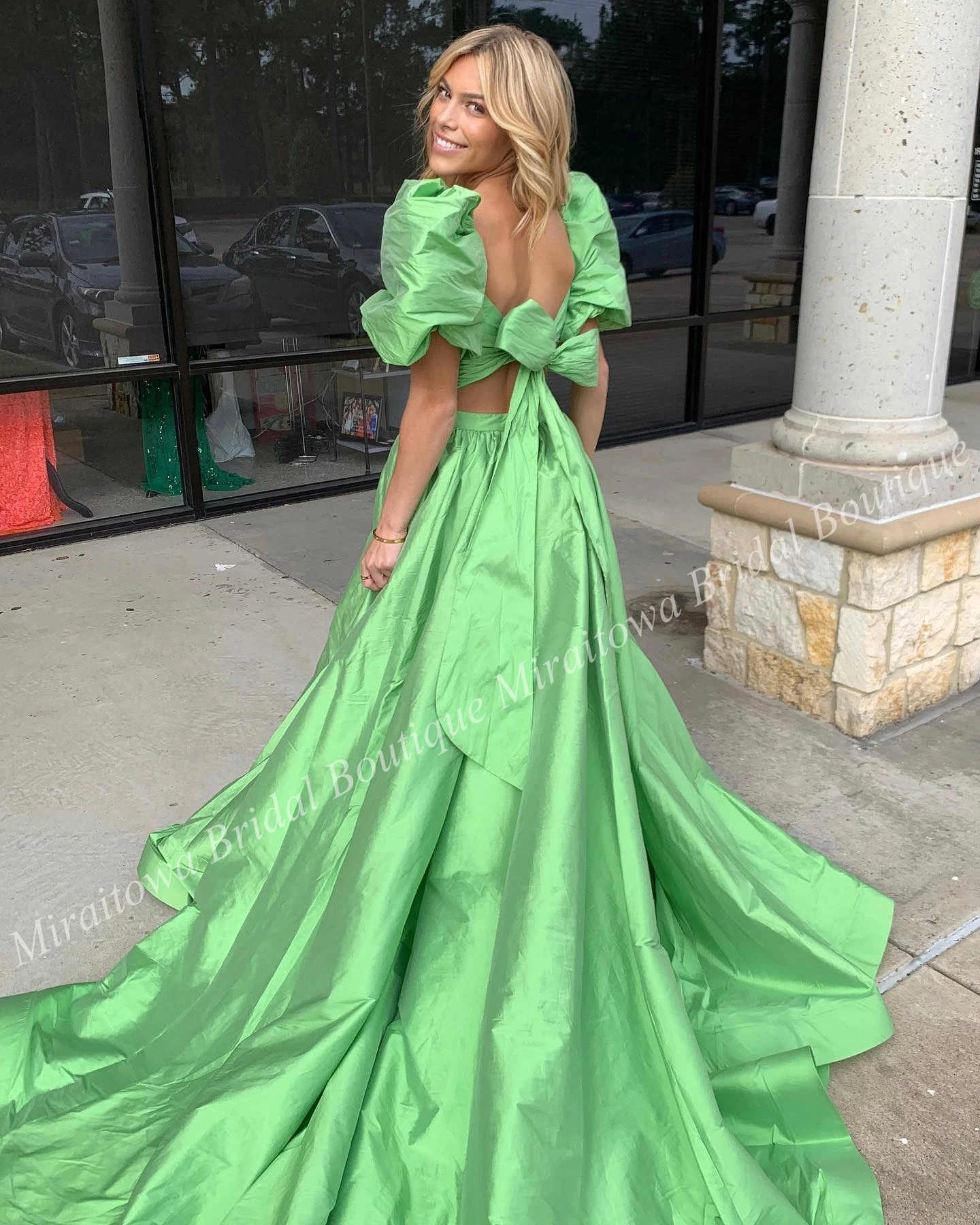 2-Piece Prom Dress Ballon Sleeves Bodysuit Slit Jumpsuit Chartreuse Taffeta Preteen Lady Pageant Winter Formal Evening Romper