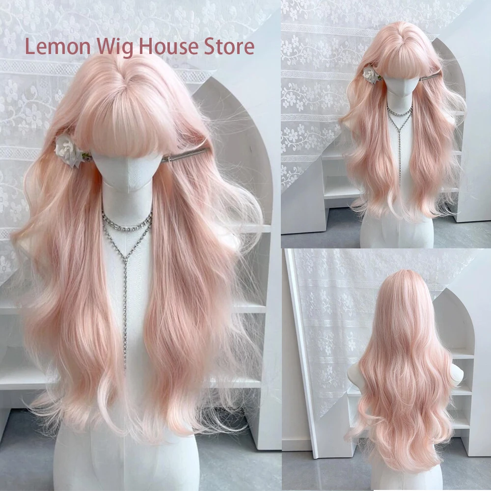 

Pink Wig for Women Daily Party Use Long Wavy Synthetic Wig with Bangs Sweet and Lovely Lolita Wigs Cosplay Heat Resistant