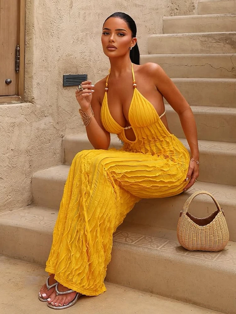 Whatiwear koraliki dekoracyjna sukienka damska sznurowana Halter głęboki dekolt bez pleców wakacje trend uliczny solidna marszczona elegancka długa obcisła