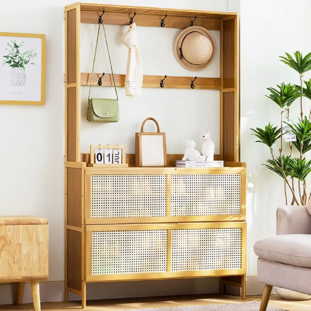 

Modern Hall Tree with Shoe Storage, Bamboo Shoe Cabinet with Coat Racks Floorstanding Shoe Rack Storage Organizer Shelf for Entr