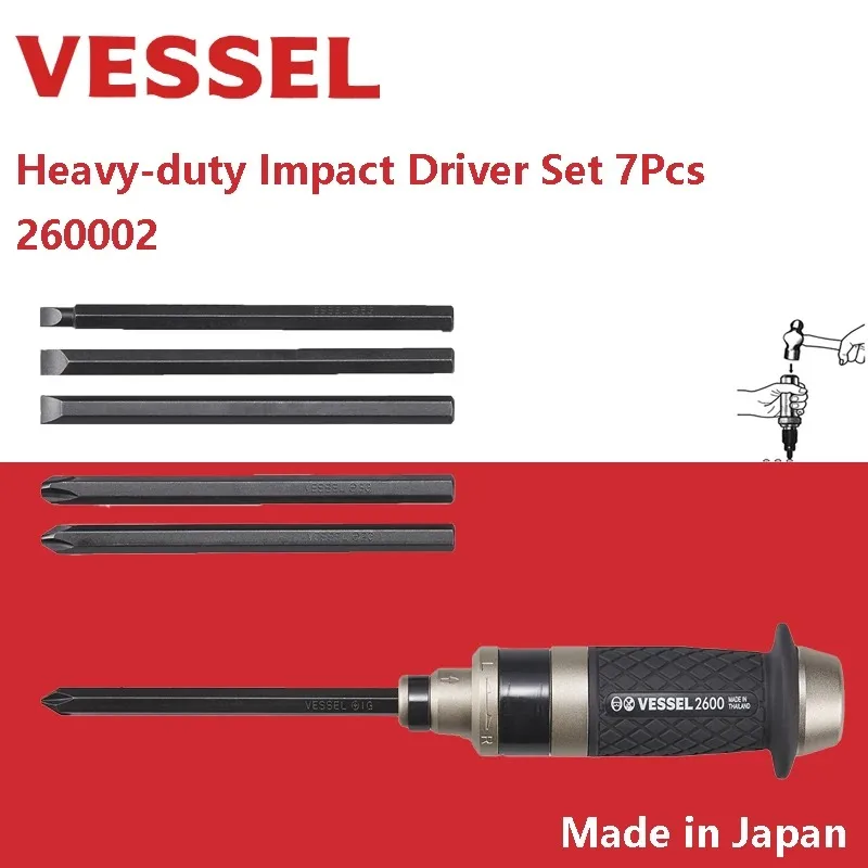 

VESSEL 260002 Impact Driver Set 7Pcs Thin Handle Screwdriver + 6 Long Shank Bits SL/PH Manual Impact Screwdriver Heavy-duty Tool