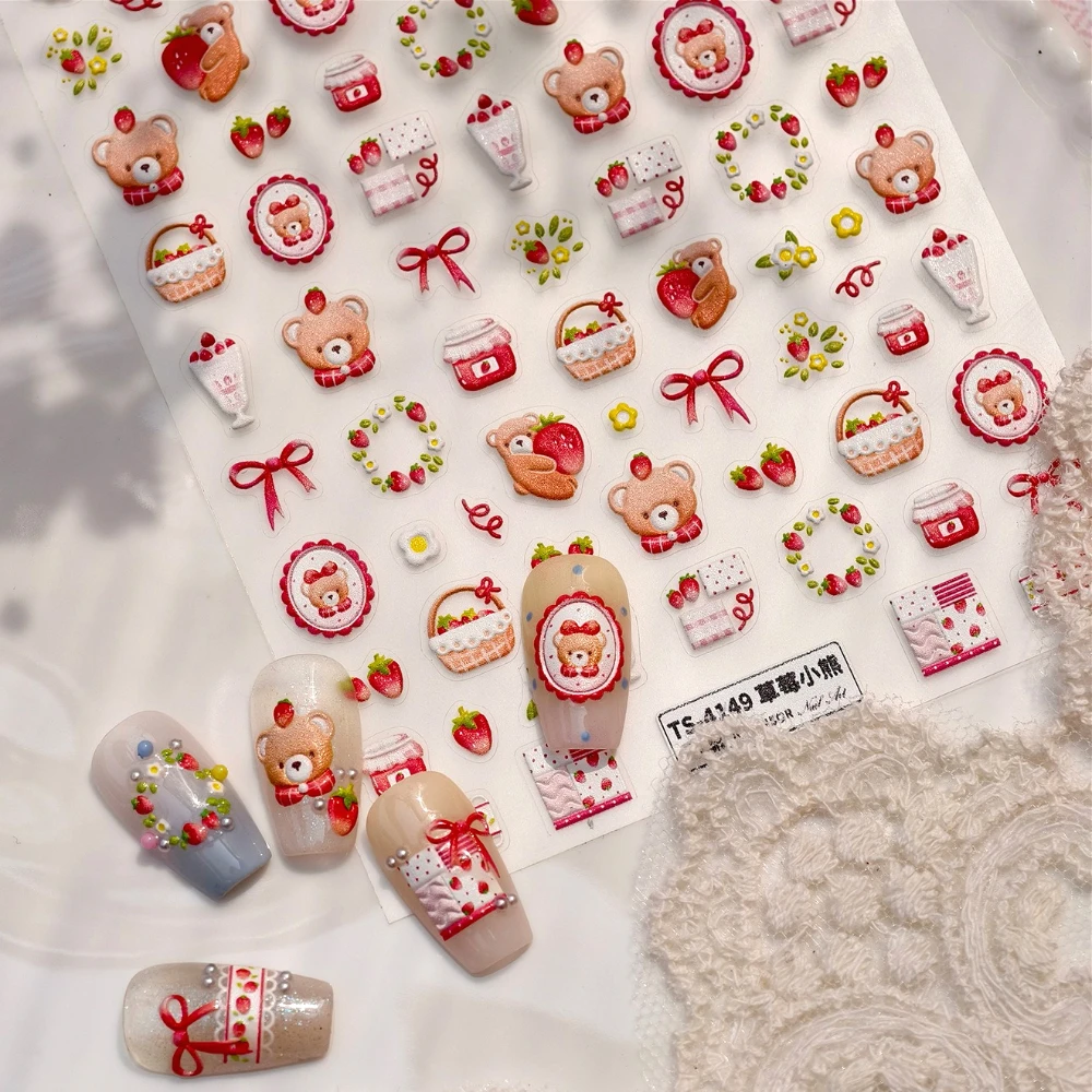 

Lovely Cartoon Bear Bowknot Lace Strawberry Basket 5D Reliefs Self Adhesive Nail Art Stickers Cute Manicure Decals Wholesale