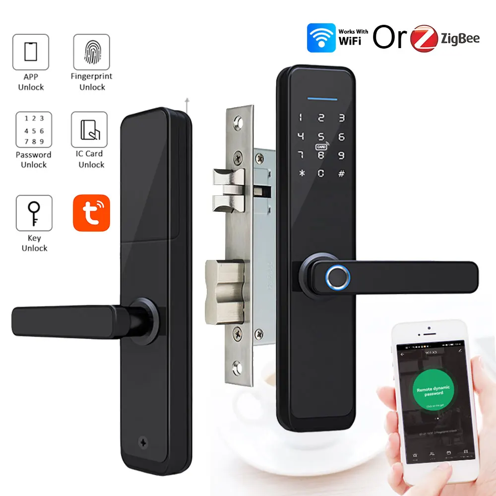 

Tuya WiFi Smart Door Lock with Biometric Fingerprint RFID Card Password Keyless Smart Life App Unlock Digital Lock Multi-Mortise